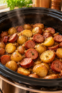 Slow cooker sausage and potatoes cooking with tender potatoes and sausage