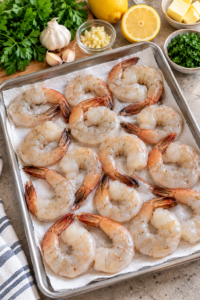 Thawed raw shrimp prepared with garlic, butter, and lemon for garlic butter shrimp