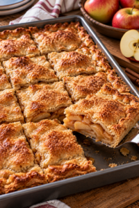 Apple slab pie cut into squares in a rectangular pan, with flaky pastry and visible apple filling.