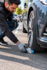 Safely removing a Water Bottle on Car Tire before driving