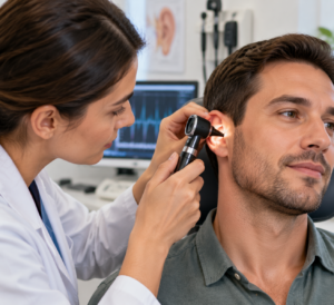 Professional hearing check for tinnitus ear ringing