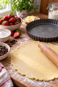 Pastry dough and strawberries being prepared for chocolate strawberry tart.