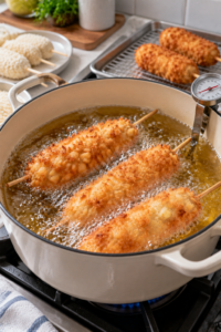 Cheesy Korean Corn Dogs frying until crisp and golden brown