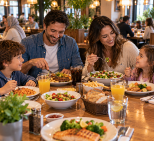 family dining at a restaurant with different meal portions
