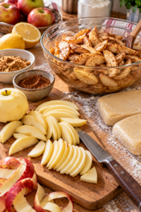 Sliced cinnamon apples and chilled pastry prepared for apple slab pie.