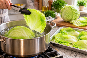 Softening cabbage leaves for Cheesy Potato Stuffed Cabbage Rolls