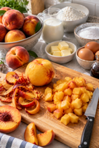 Ripe peaches being diced for Southern Peach Buttermilk Pound Cake