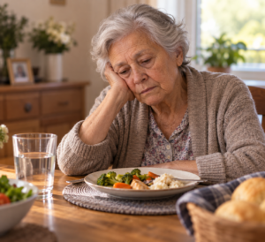 elderly person with reduced appetite sitting beside an untouched meal