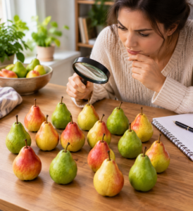 Person solving a pear counting puzzle using observation skills
