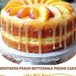 Southern Peach Buttermilk Pound Cake with fresh peach slices and glaze