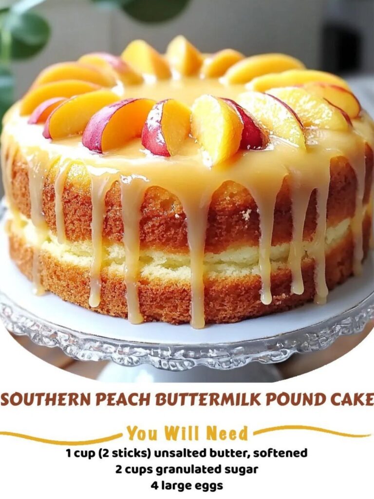 Southern Peach Buttermilk Pound Cake with fresh peach slices and glaze