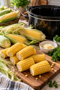 Fresh corn being prepared for slow cooker corn on the cob with butter and herbs.