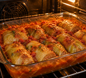 Stuffed cabbage rolls recipe baking with tomato sauce