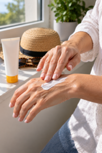 Applying sunscreen to help prevent Age Spots on Hands