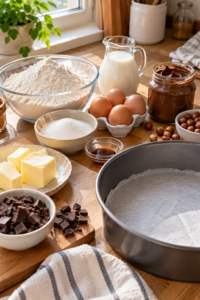 Ingredients and prepared cake pan for making chocolate hazelnut cake with a vanilla sponge.