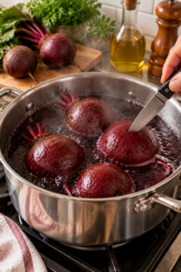 Whole beets simmering until tender for beetroot salad