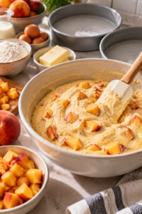 Peach batter being mixed for Southern Peach Buttermilk Pound Cake