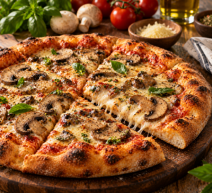 finished homemade mushroom pizza recipe with melted cheese