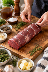 Preparing and tying slow cooker beef tenderloin before cooking