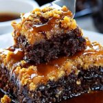 Stacked caramel brownie bars with fudgy chocolate centers, golden crumb topping, and glossy caramel sauce.