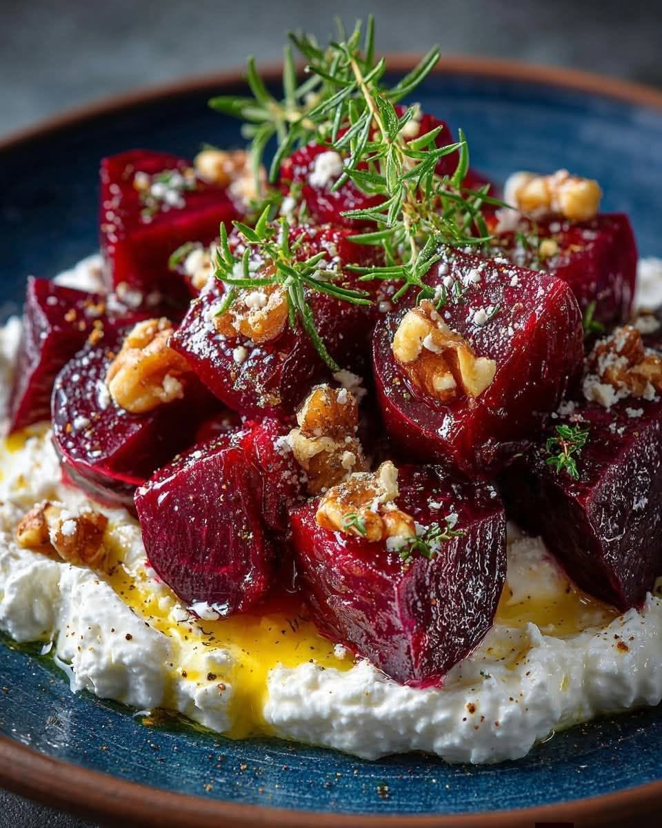 Roasted beet salad with whipped feta, walnuts, and fresh herbs on a dark plate.