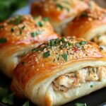 Golden chicken puff pastry rolls filled with creamy shredded chicken and topped with herbs.