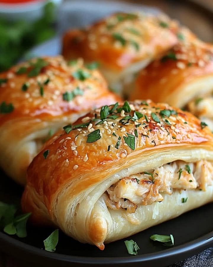 Golden chicken puff pastry rolls filled with creamy shredded chicken and topped with herbs.