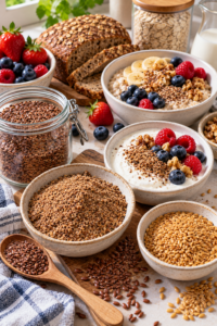 Healthy foods and ground seeds illustrating realistic flaxseed benefits within a balanced diet.