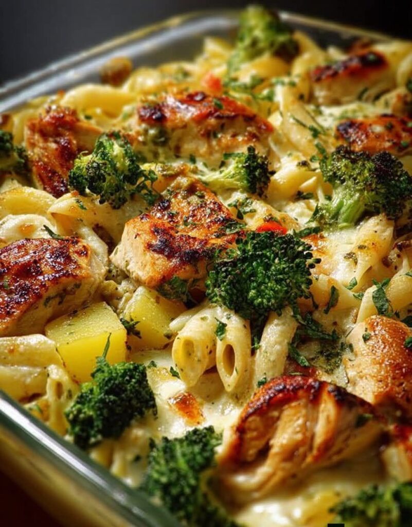 Creamy Chicken Broccoli Pasta Bake with golden chicken, penne pasta, broccoli, red pepper, and creamy cheese sauce