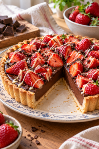 Sliced chocolate strawberry tart with fresh berries and white chocolate drizzle.