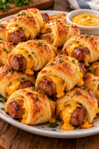 3-Ingredient Cheddar Bratwurst Bites with golden crescent dough and melted cheddar cheese