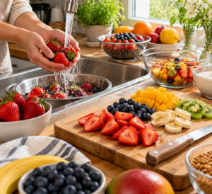 preparing fresh fruits for a fruit dessert recipe