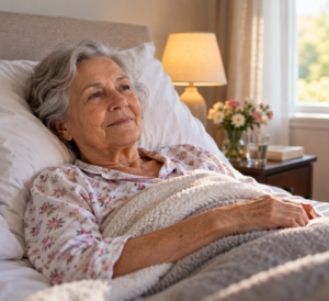 elderly woman resting and illustrating signs of approaching end of life