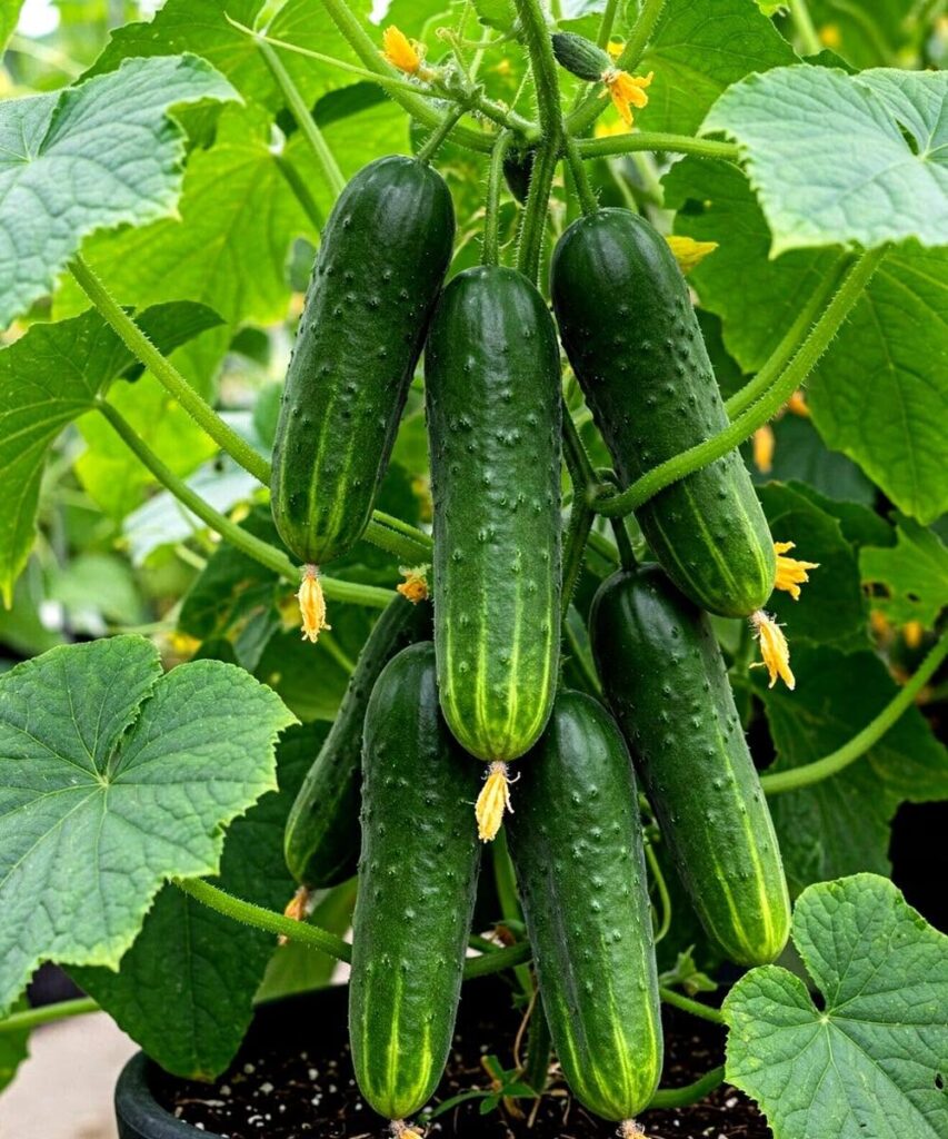 Fresh green cucumbers growing vertically in a container garden