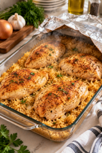 Oven Baked Chicken and Rice during the uncovered baking stage
