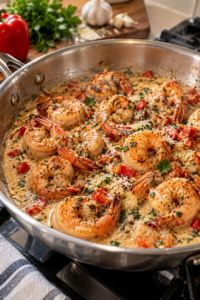 Golden shrimp cooking in the creamy Parmesan sauce for creamy garlic shrimp pasta.