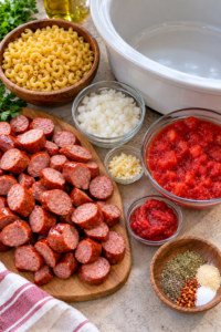 Sliced smoked sausage and dry macaroni prepared for slow cooker sausage pasta