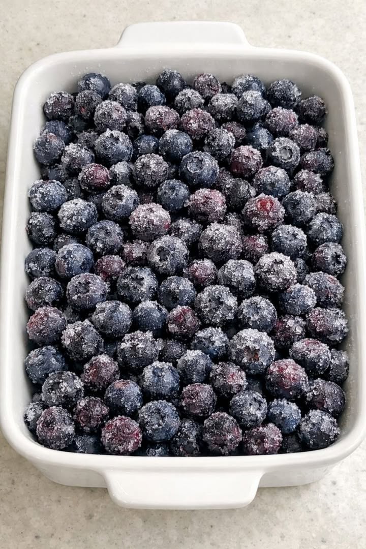 Blueberry crisp with frozen blueberries prepared in a white baking dish before adding the oat topping.