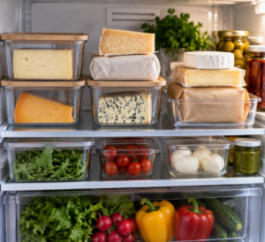 Cheese stored properly inside a refrigerator