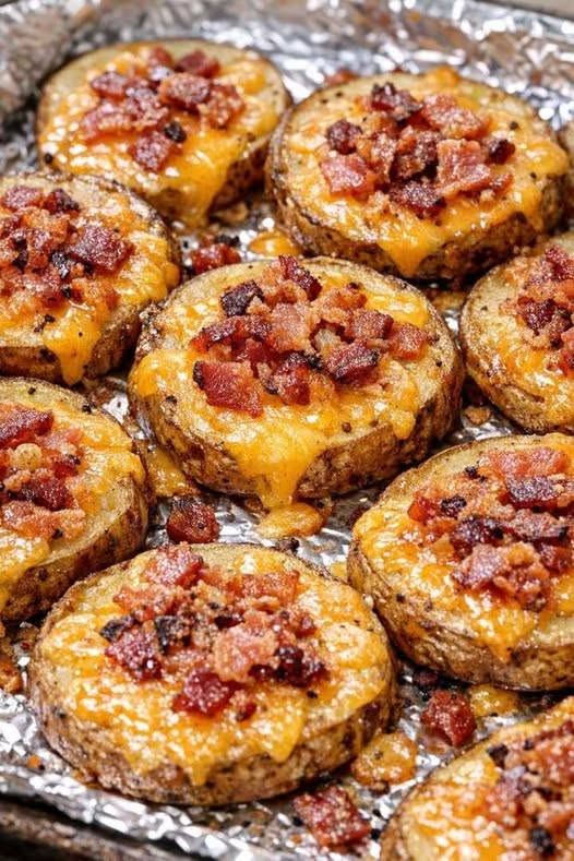 Loaded baked potato rounds topped with melted cheddar cheese and crispy bacon