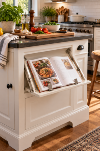 Kitchen Island Cookbook Holder keeping an open recipe book in place