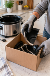 Safely collecting pieces from a cracked slow cooker insert while wearing gloves