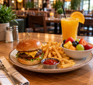 family dining at a restaurant with different meal portions