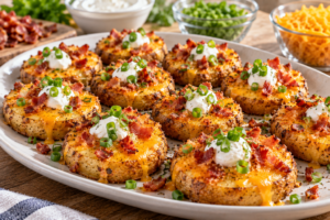 Loaded baked potato rounds with bacon, cheese and sour cream