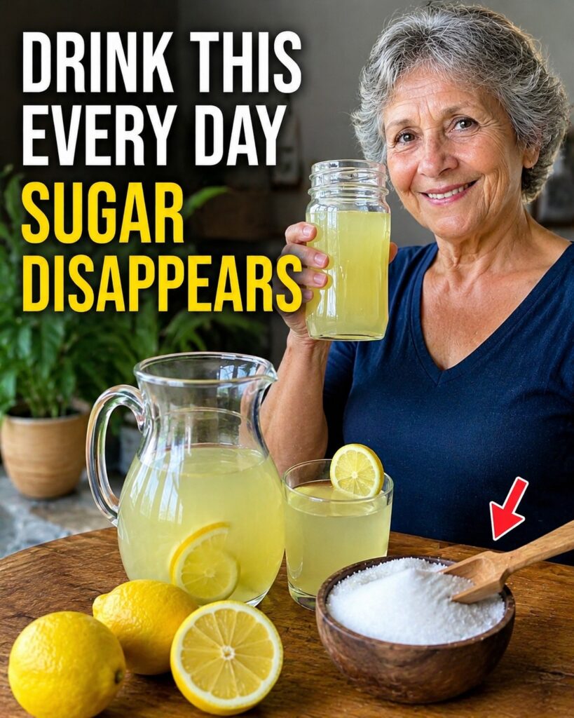 Older woman holding lemon water beside lemons and salt with a blood sugar claim