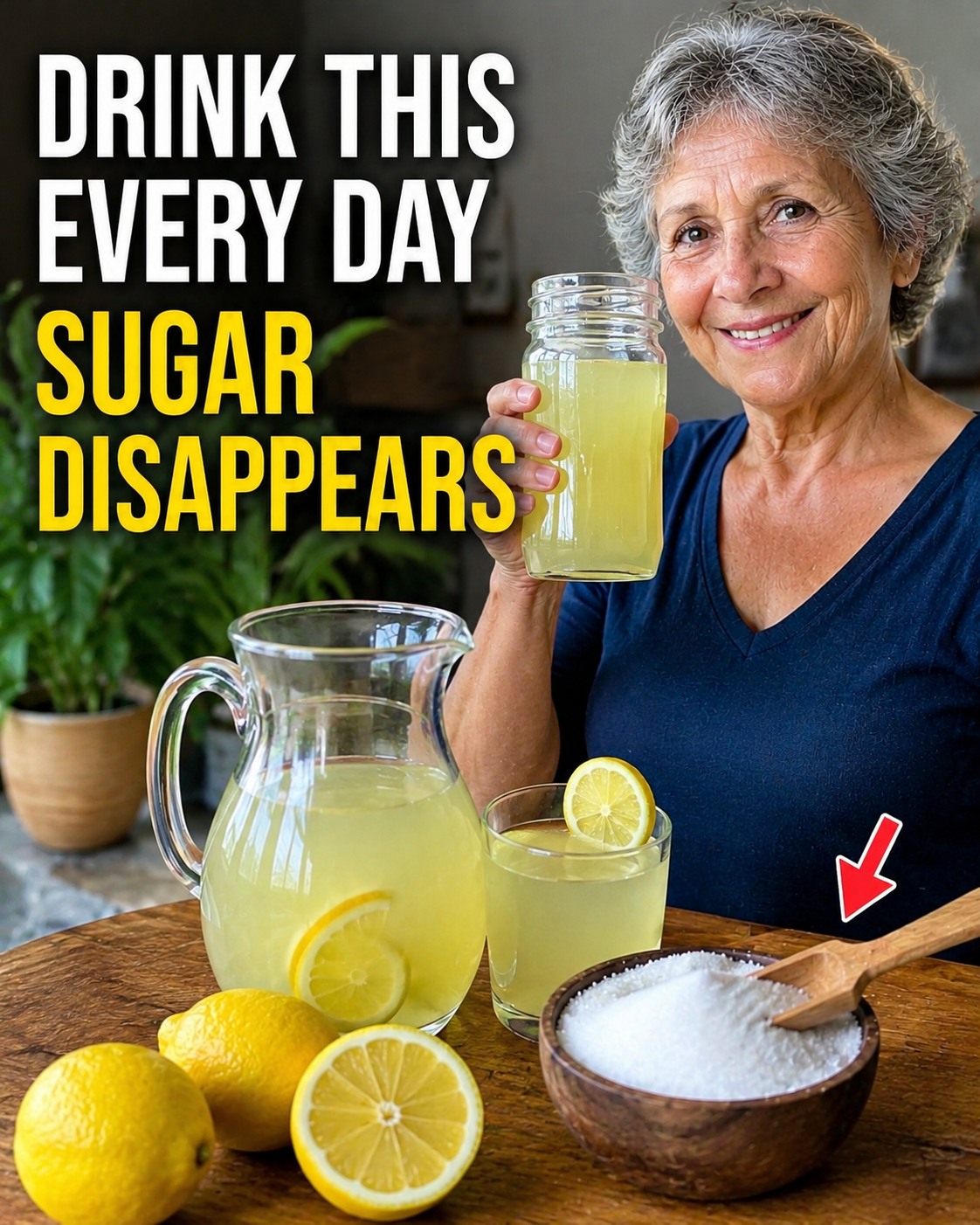 Older woman holding lemon water beside lemons and salt with a blood sugar claim