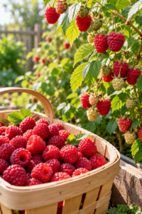 Clean shallow basket beside ripe and unripe raspberries before learning how to pick raspberries.