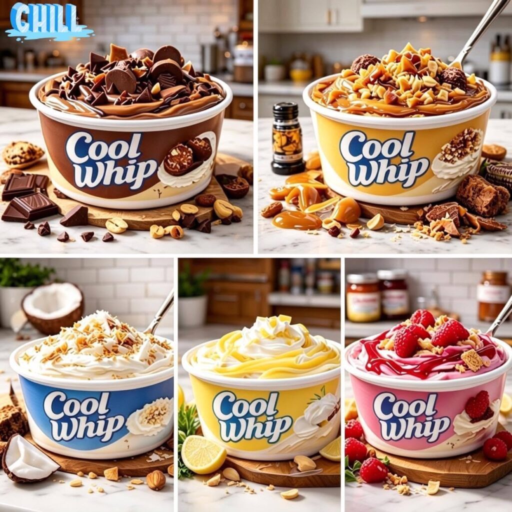 Five easy Cool Whip Desserts with chocolate, caramel, coconut, lemon, and raspberry flavours