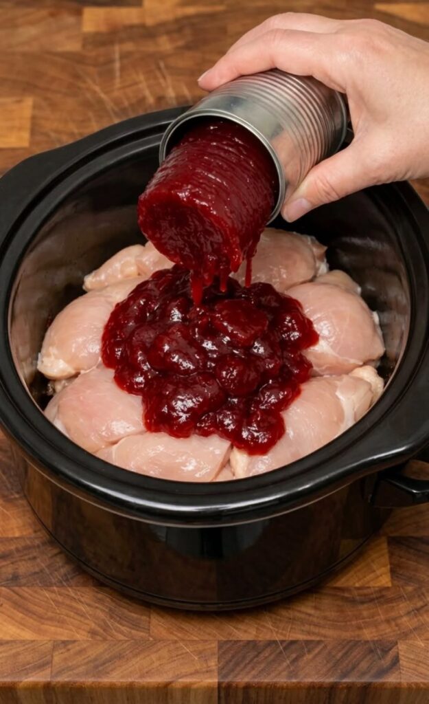 Amish Cranberry Chicken with cranberry sauce cooking in a slow cooker