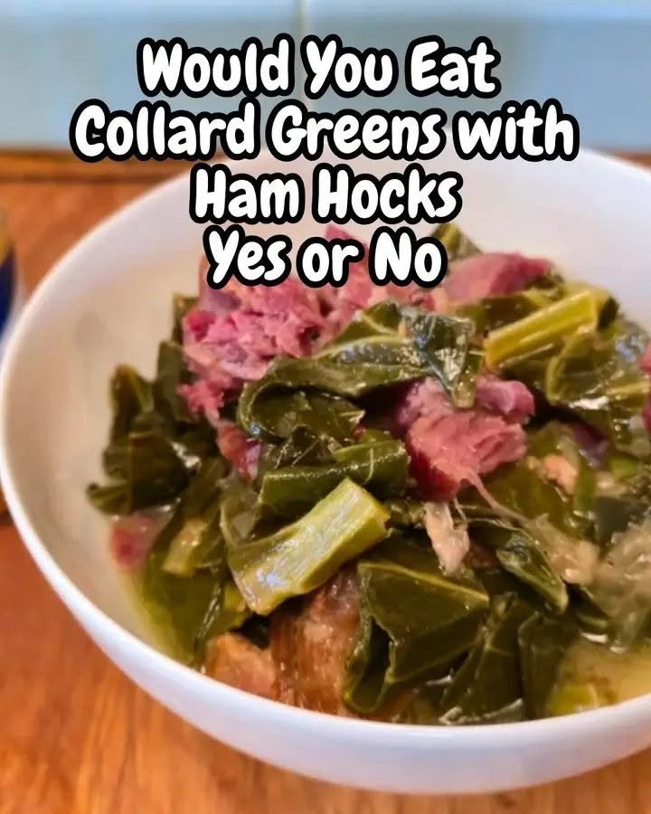 Collard Greens with Ham Hocks served in a white bowl with tender greens and smoky pork